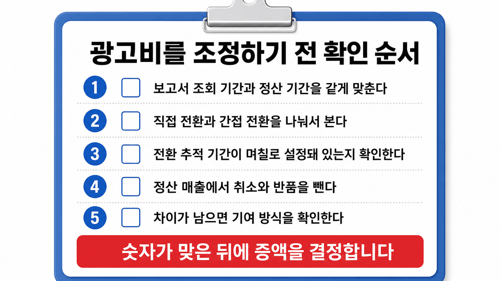 보고서 기간 맞추기부터 기여 방식 확인까지 광고비 조정 전 확인할 5단계 체크리스트