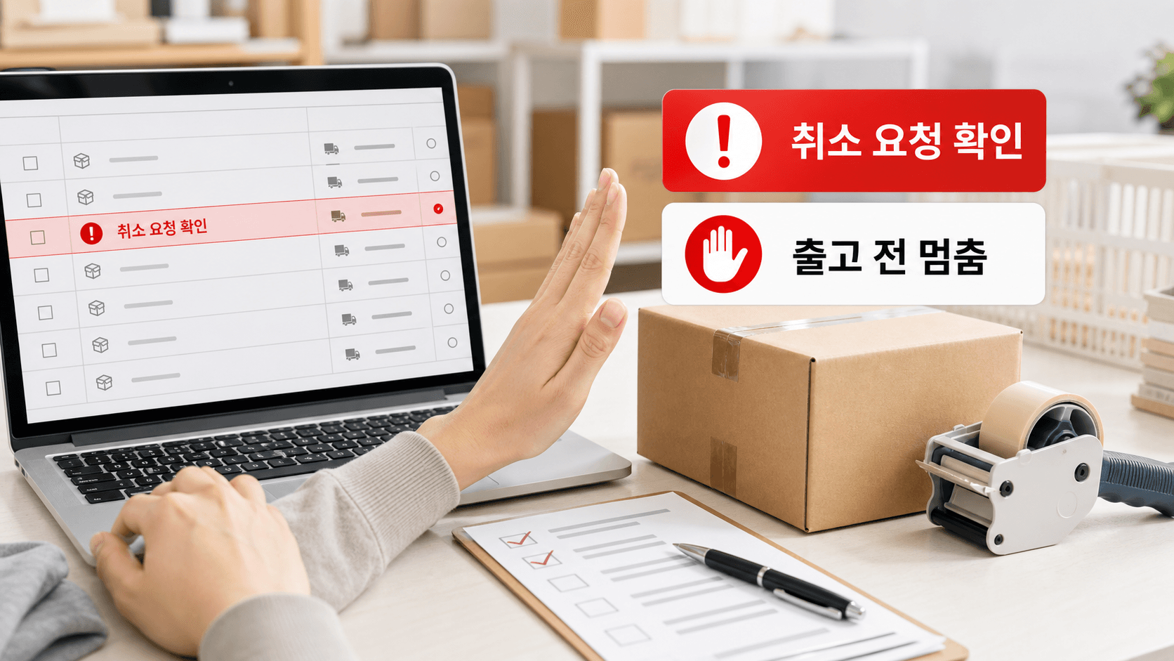 취소 요청 주문을 출고 전에 멈추는 작업 상황