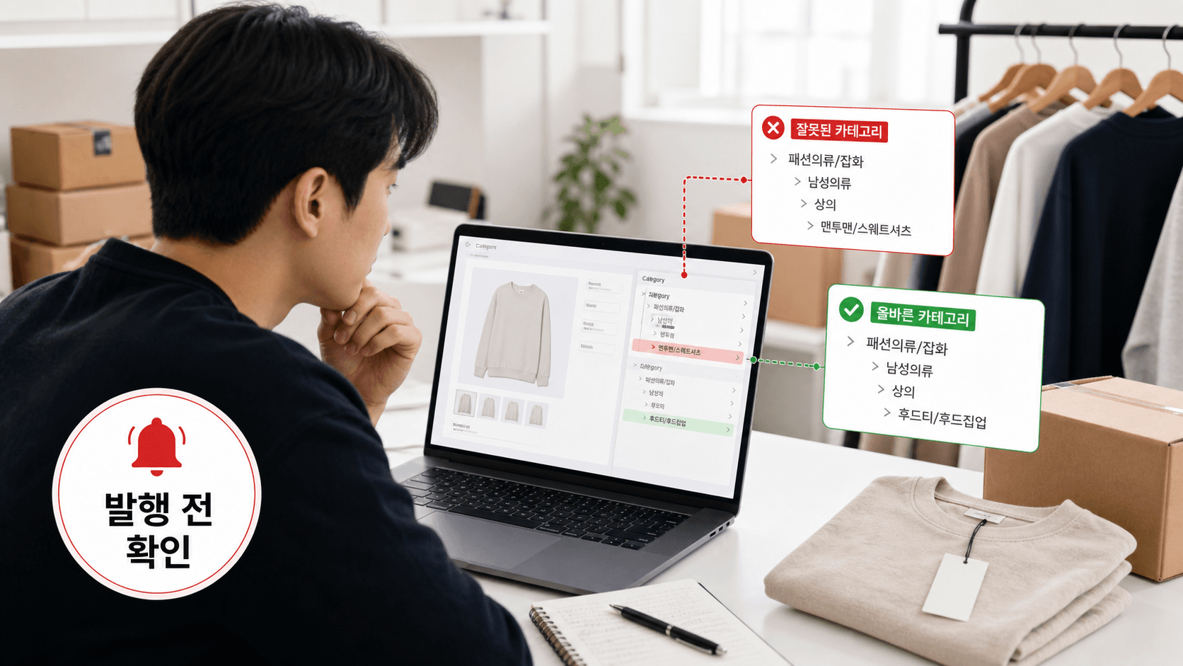 상품 카테고리 오류를 발행 전에 확인하는 판매자 화면
