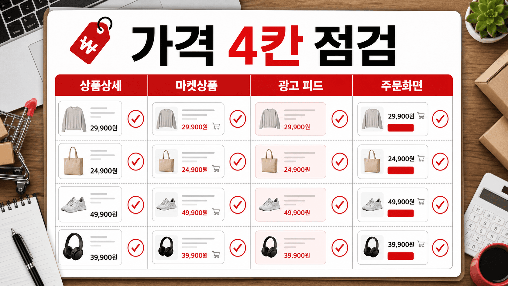 상품별 네 칸 가격 점검표