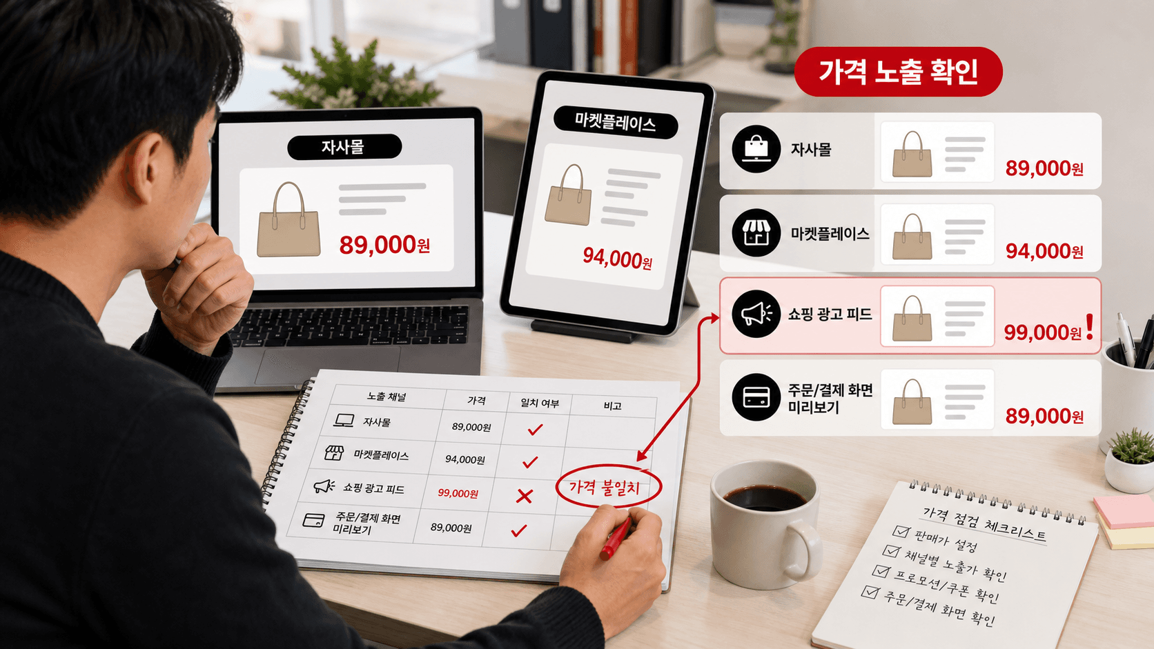 상품상세·마켓·광고·결제 화면을 비교하는 운영 상황