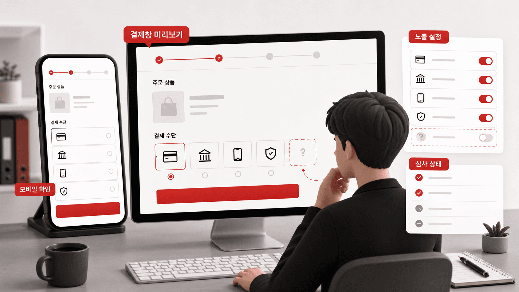 결제창 미리보기와 노출 설정을 대조하는 셀러 화면