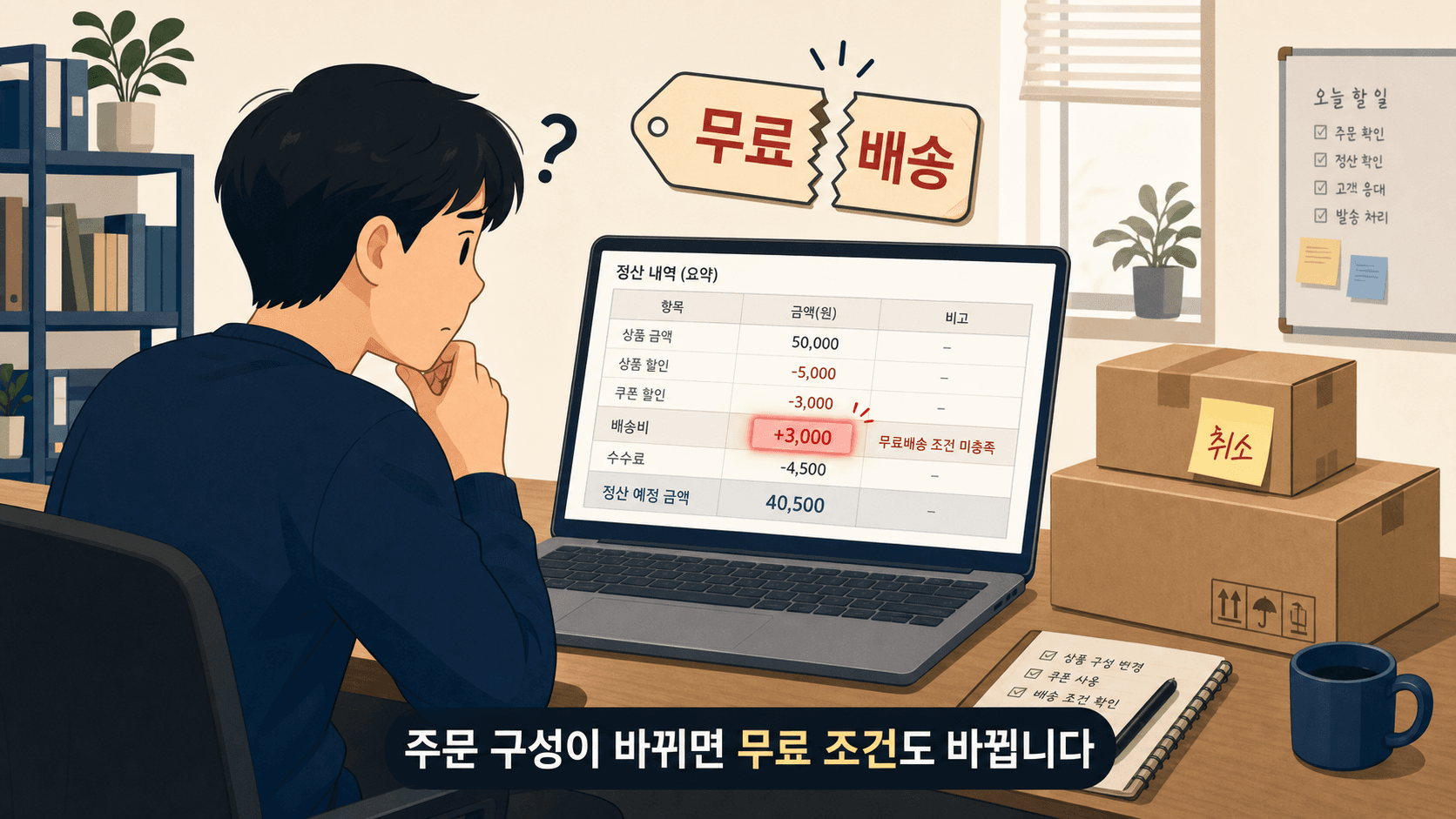 조건부 무료배송 주문이 부분취소되어 무료 조건이 풀리는 상황