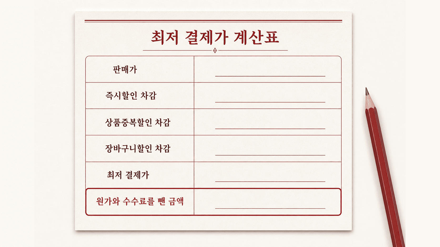 판매가부터 최저 결제가와 원가·수수료를 뺀 금액까지 채워 넣는 최저 결제가 계산표