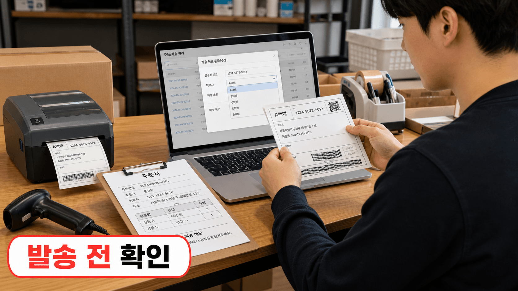 발송 전 택배사와 송장번호를 확인하는 상황