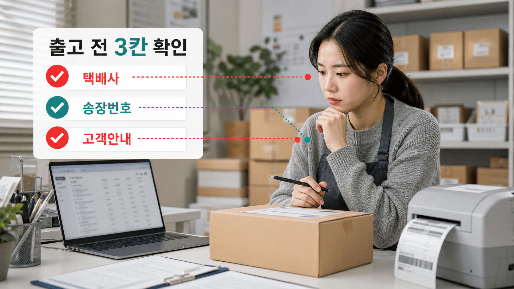 출고 전 택배사, 송장번호, 고객안내를 확인하는 운영 화면