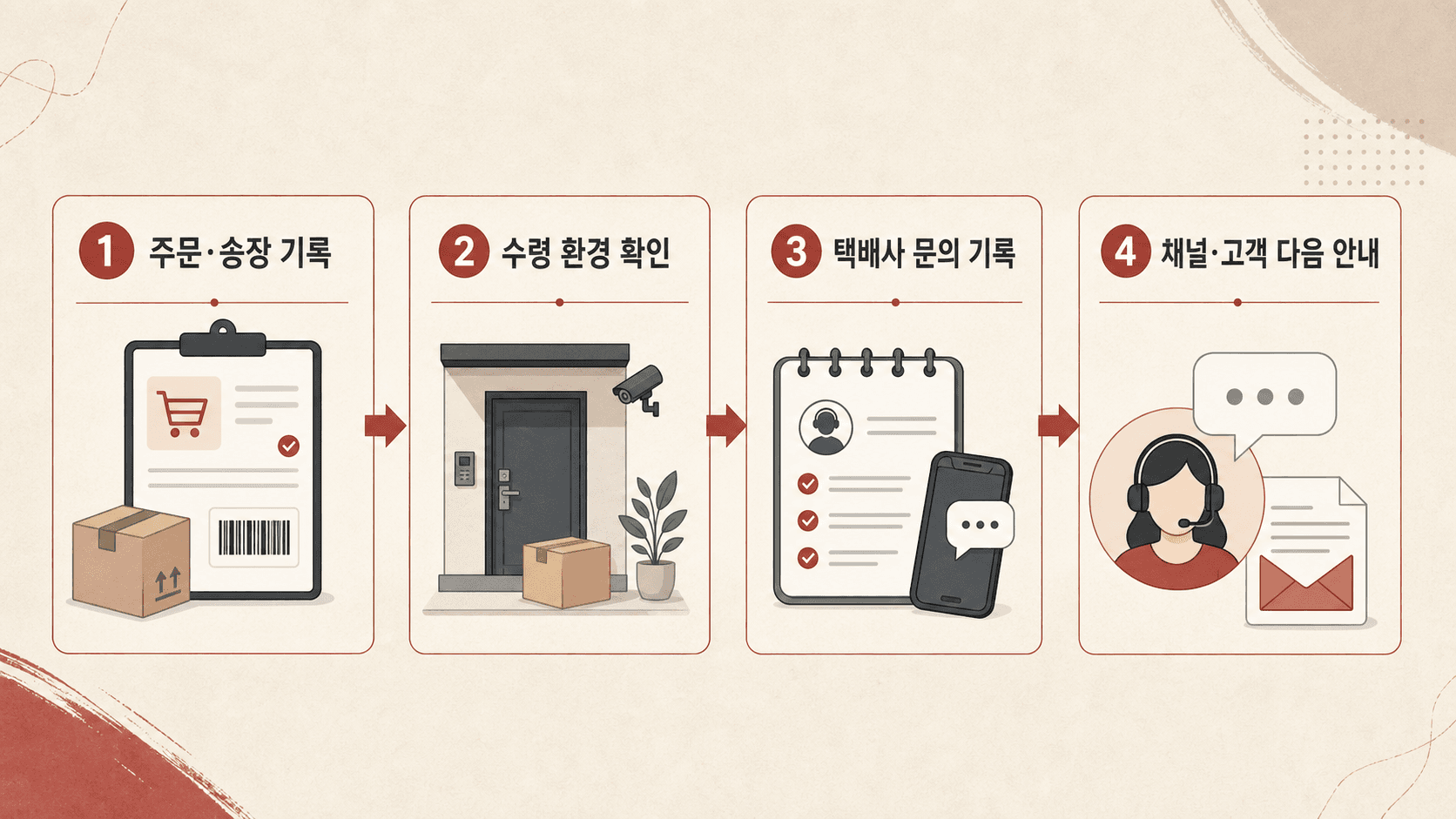 배송완료 미수령 문의를 주문기록, 수령환경, 택배사 문의, 판매채널 처리로 나누는 네 단계 흐름도