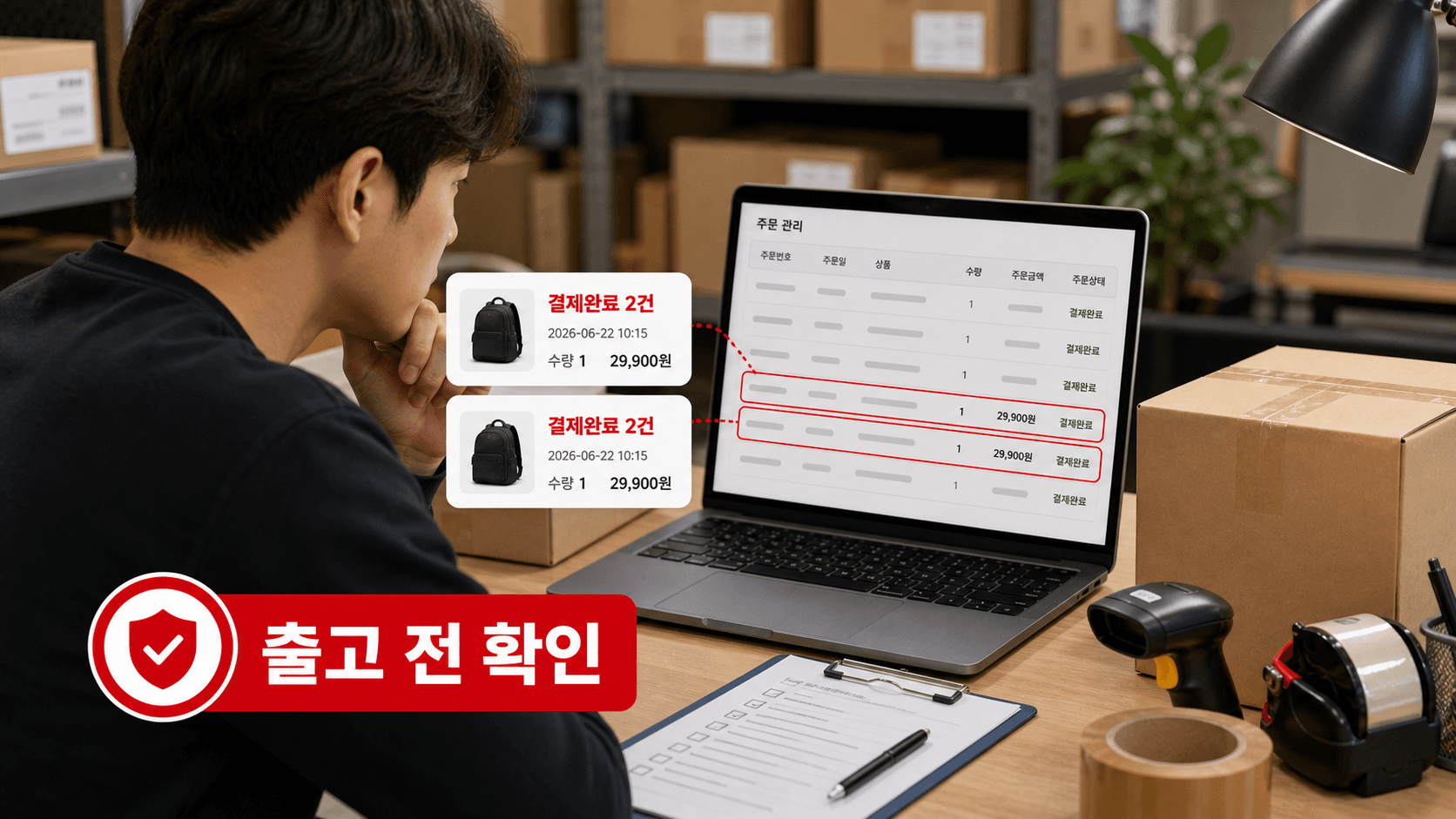 결제완료 주문 두 건이 보이는 포장 전 상황