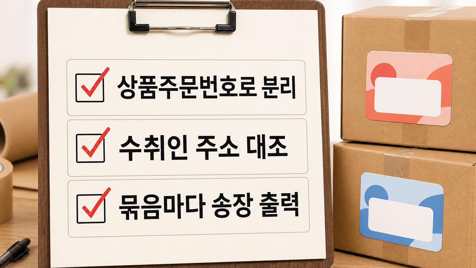상품주문번호 분리, 수취인 주소 대조, 묶음마다 송장 출력을 보여 주는 체크리스트