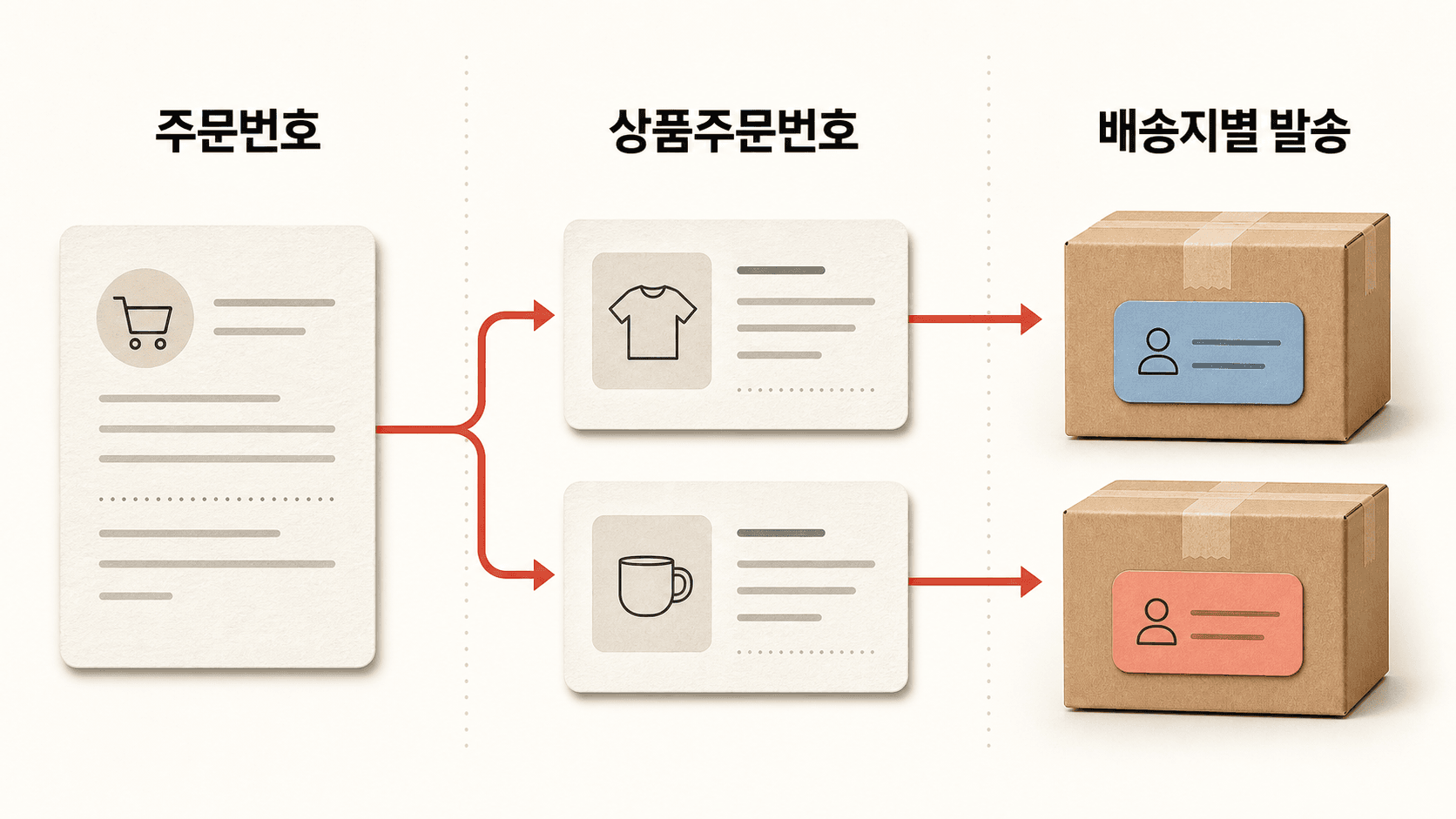 주문번호에서 상품주문번호를 거쳐 배송지별 발송으로 나뉘는 흐름