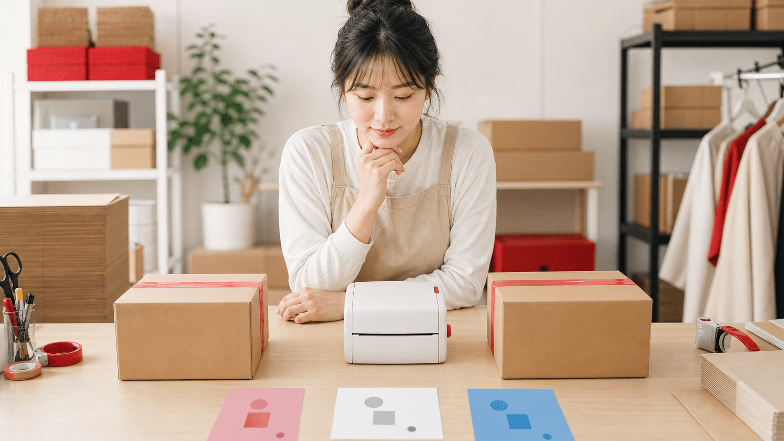 송장 출력 전 두 개의 포장과 수취인 카드를 대조하는 판매자
