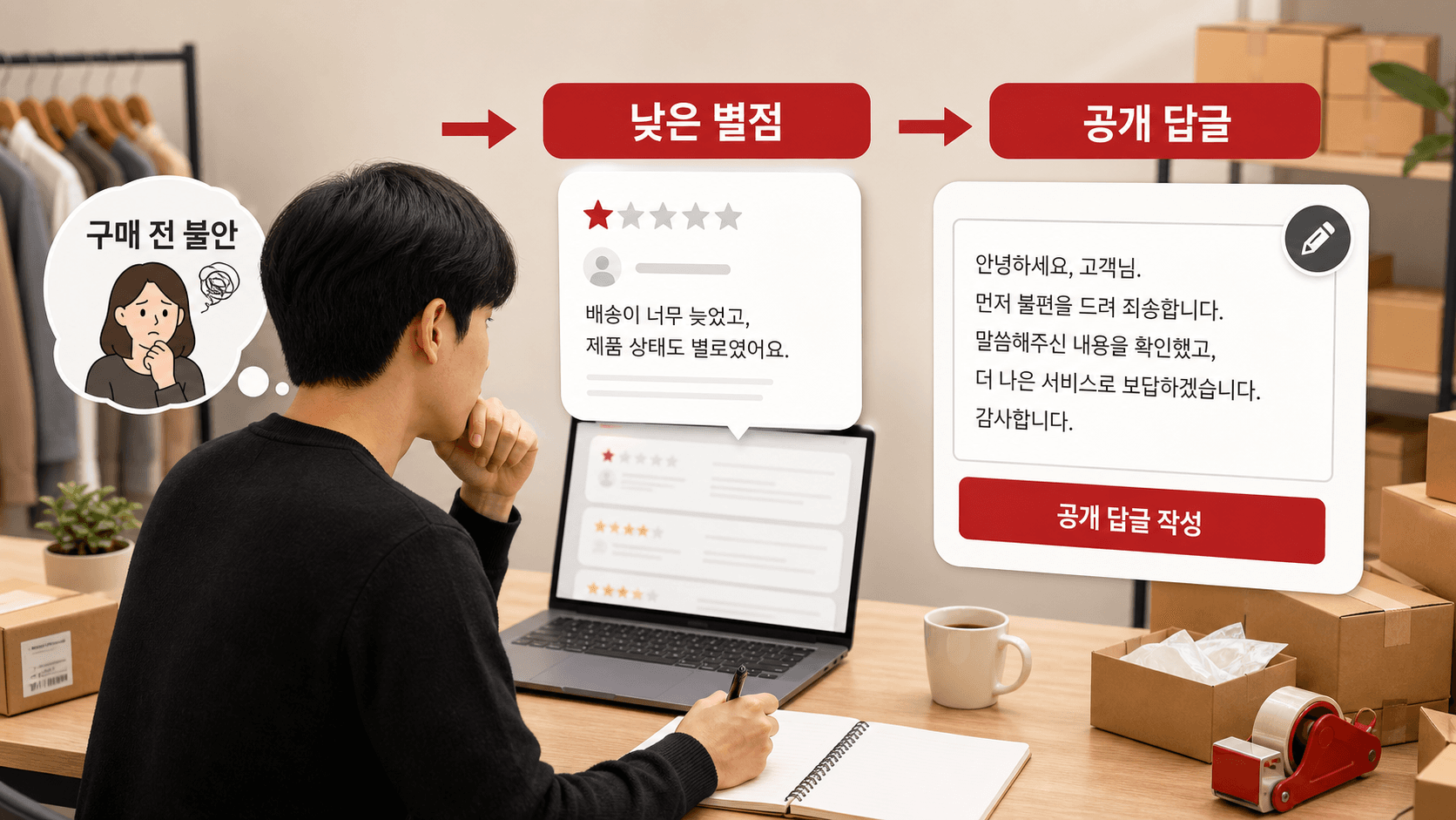 낮은 별점에서 공개 답글로 이어지는 구매 전 불안 흐름