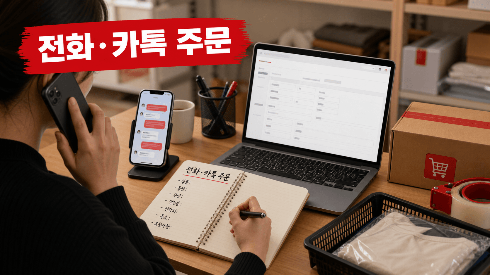 전화와 카톡으로 받은 수기 주문을 입력하는 운영 상황