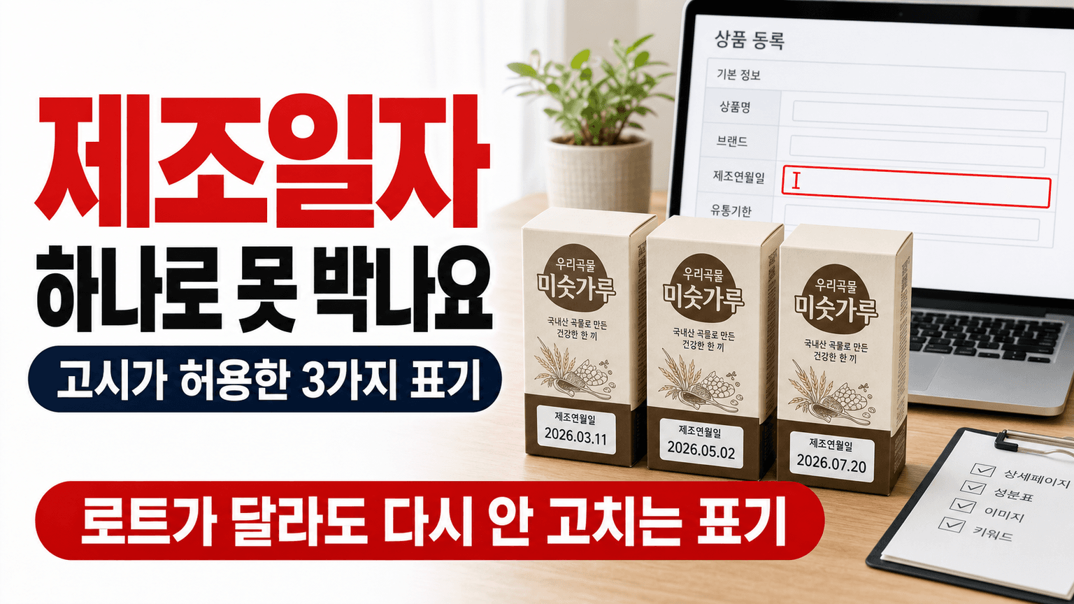 제조일자가 로트마다 다른 상품, 고시 날짜 칸에 단일 날짜를 적을 필요가 없습니다 대표 이미지