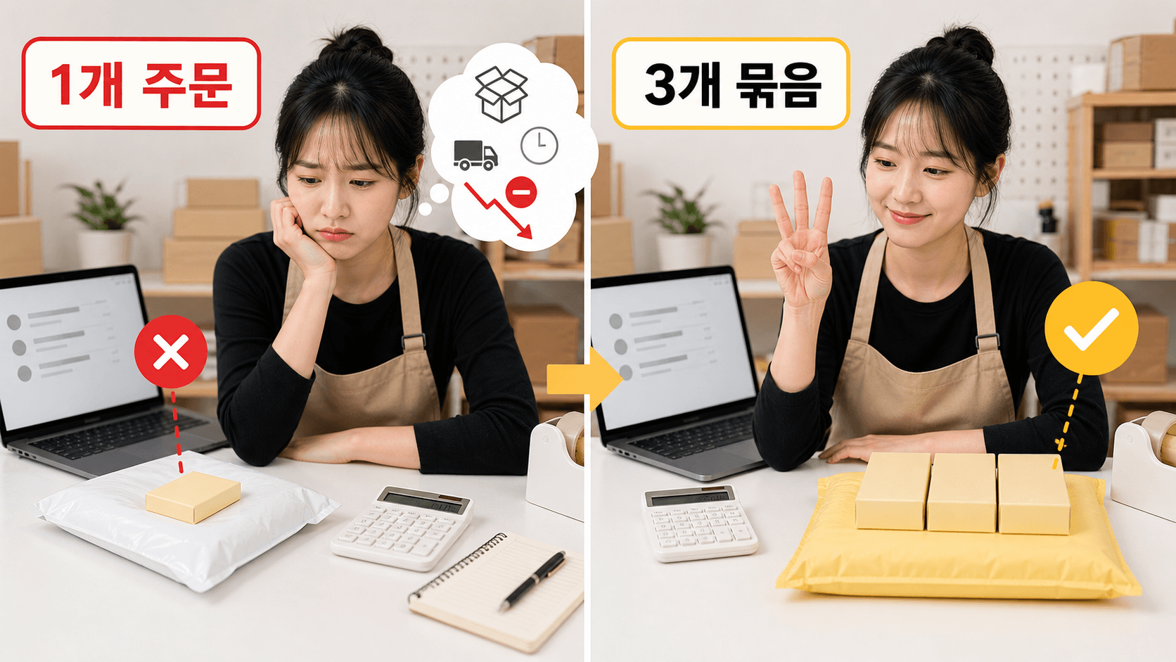 1개 주문과 3개 묶음 비교