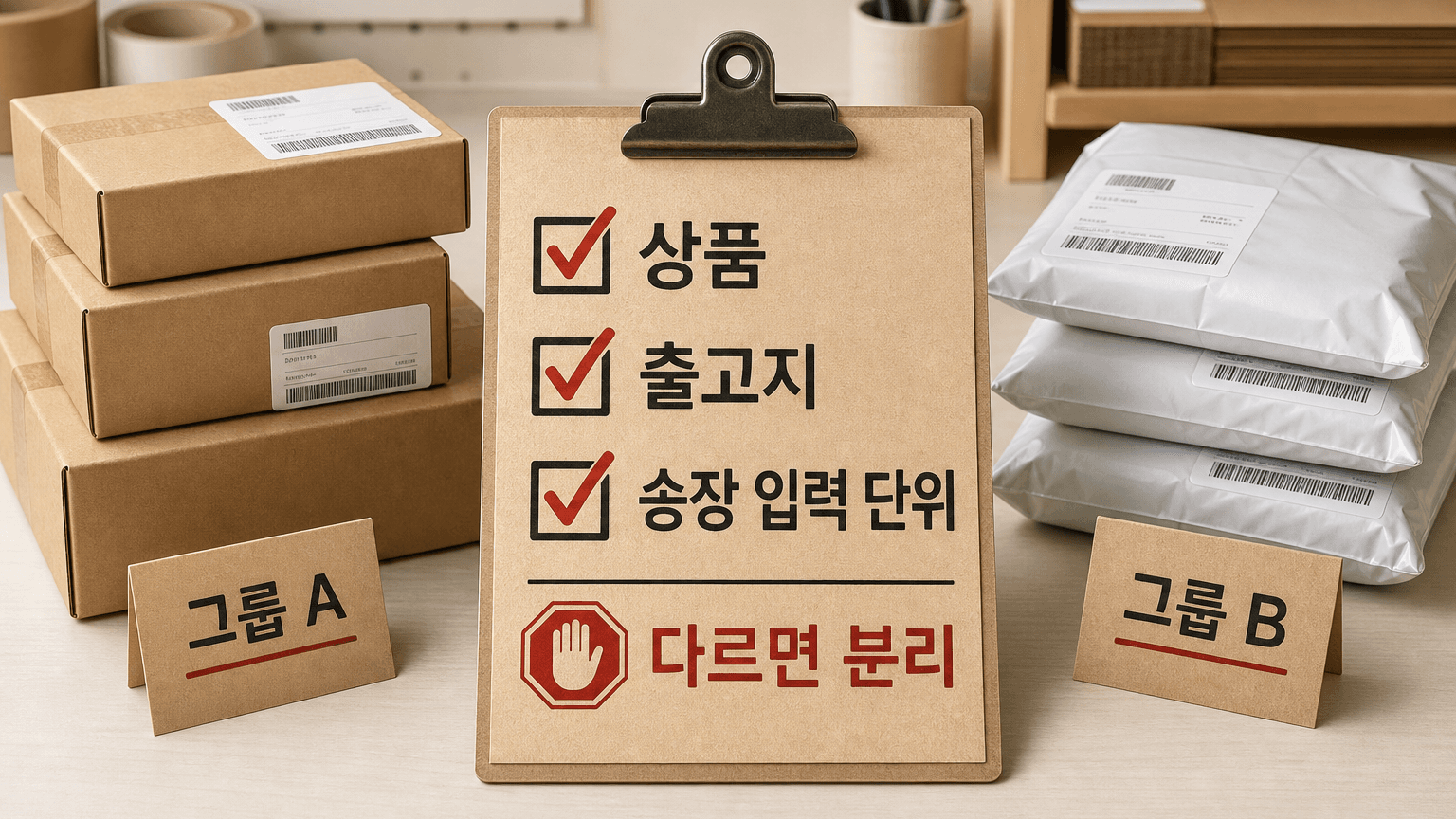 상품과 출고지와 송장 입력 단위를 확인한 뒤 다르면 분리하라는 포장대 체크리스트
