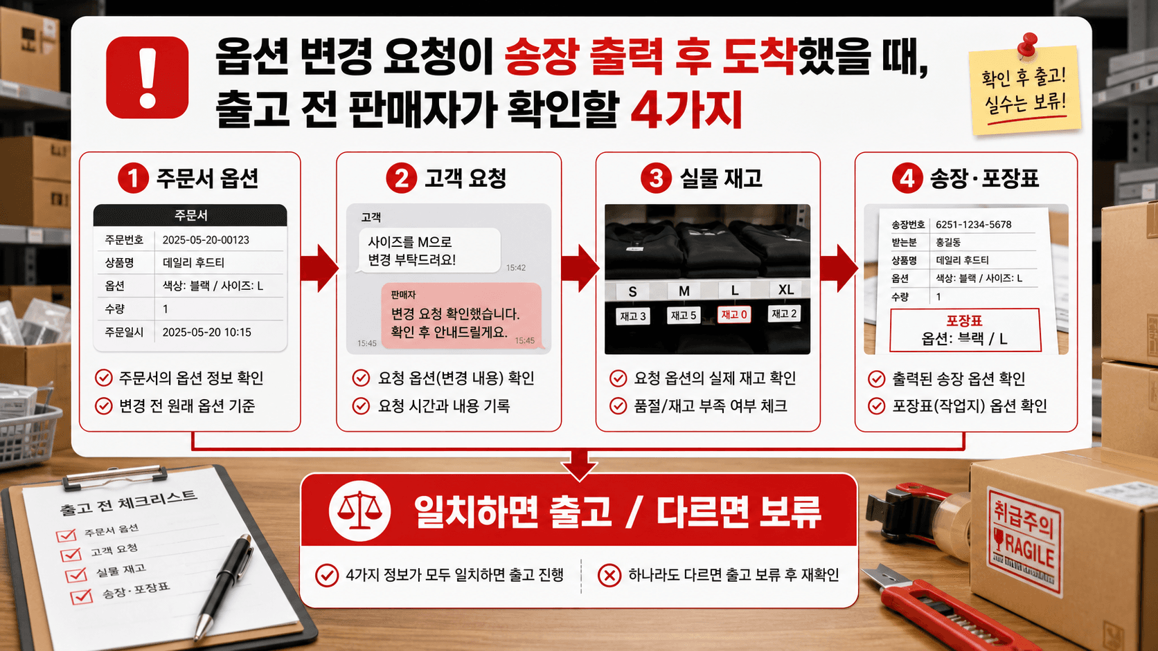 송장 후 옵션 변경 요청을 4곳에서 대조하는 흐름