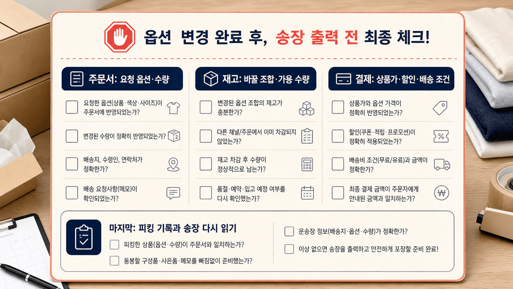 옵션 변경 완료 후 주문서·재고·결제·피킹 기록을 점검하는 체크리스트