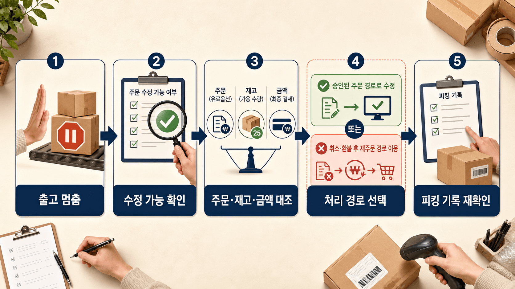 출고 중지부터 피킹 기록 재확인까지의 옵션 변경 처리 흐름