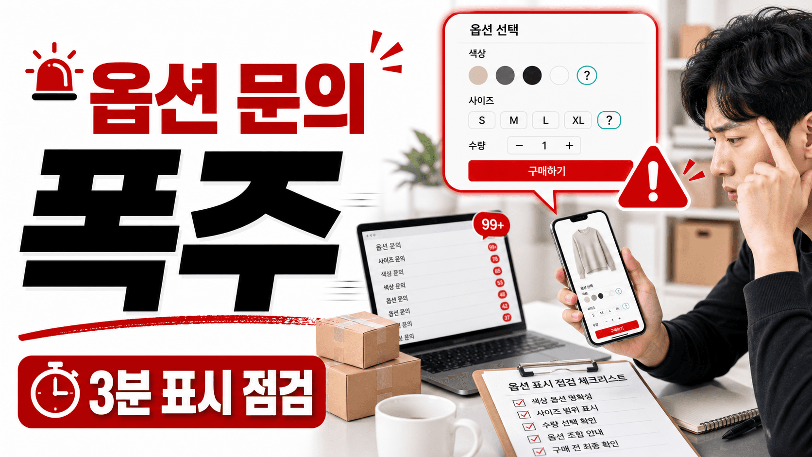 옵션명 때문에 문의가 오는 상품, 주문 전 3분에 고칠 표시 5곳