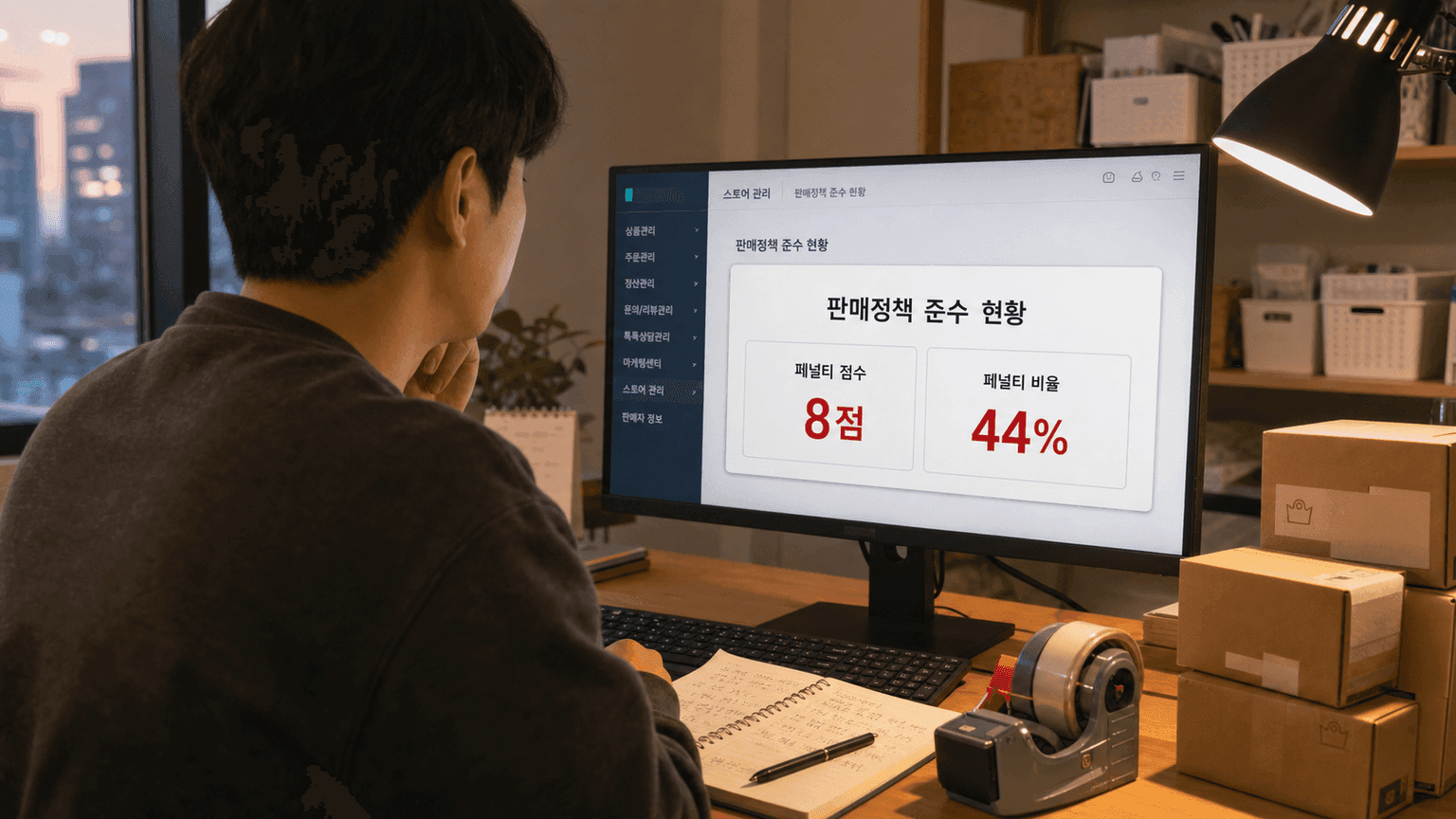 작은 스토어 운영자가 판매자센터에서 페널티 점수와 비율을 확인하는 모습