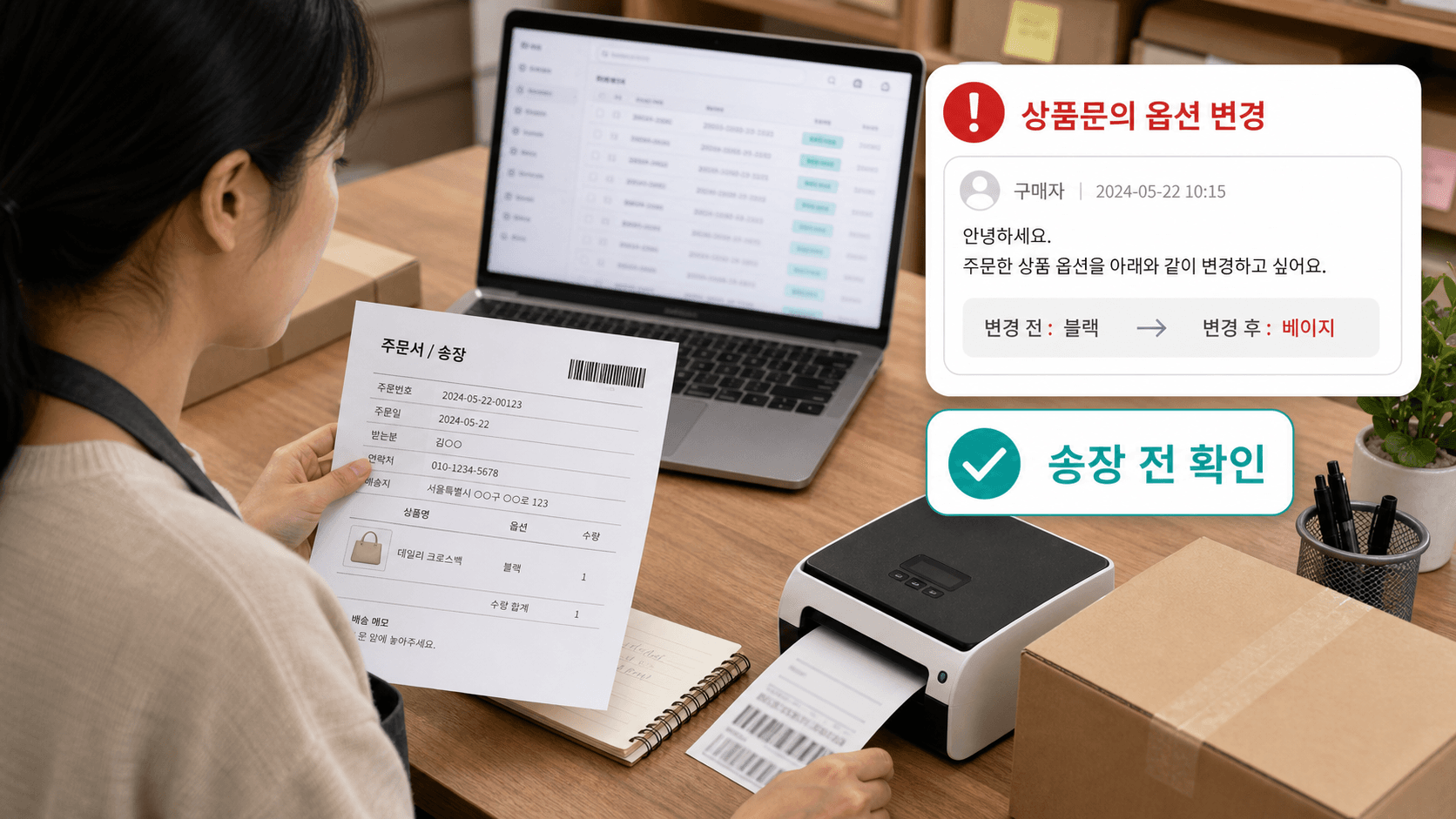 상품문의 옵션 변경을 송장 전 확인하는 작업대