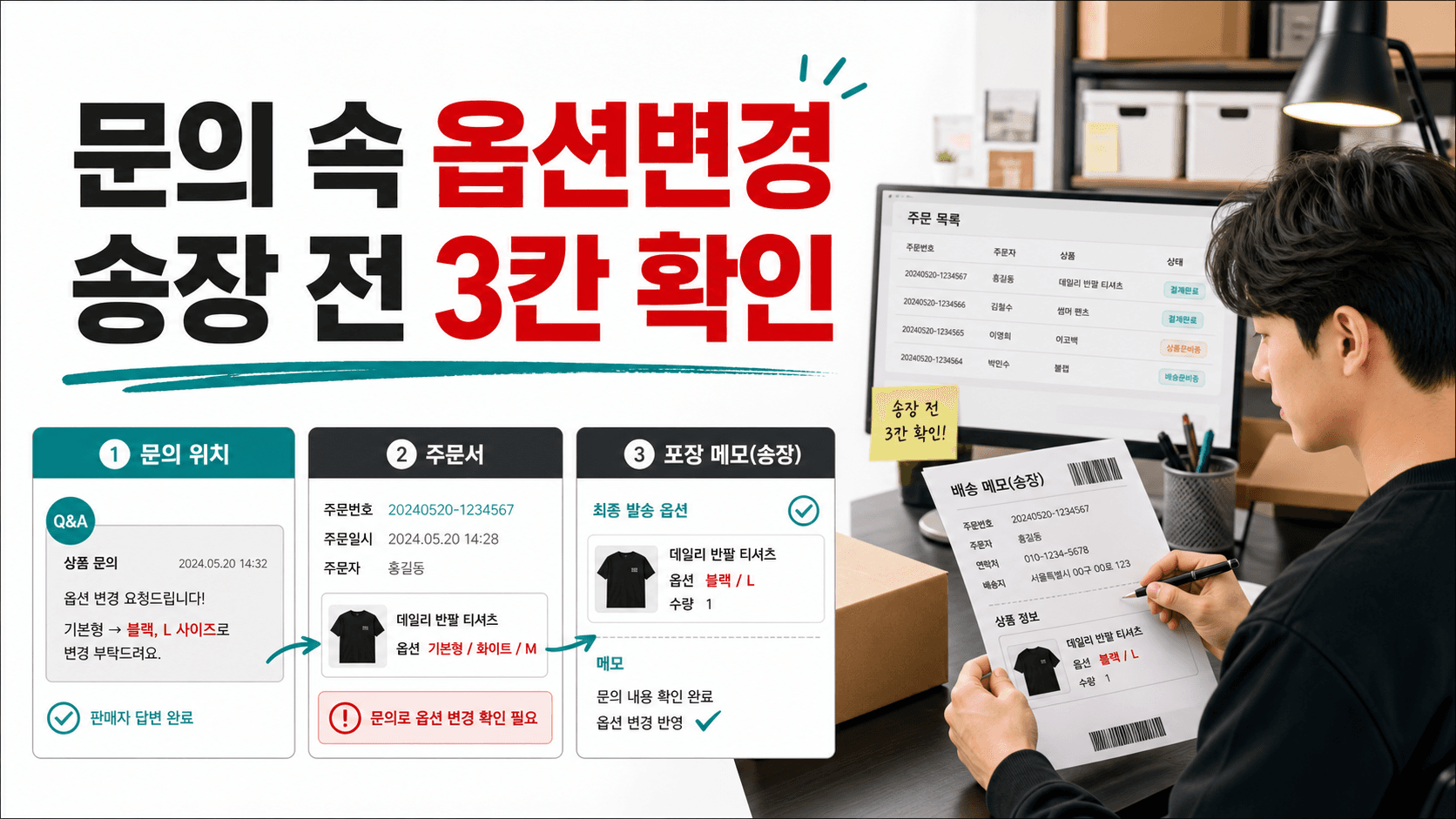 상품문의에 남긴 옵션 변경, 송장 전 3칸으로 오배송 막기 대표 이미지