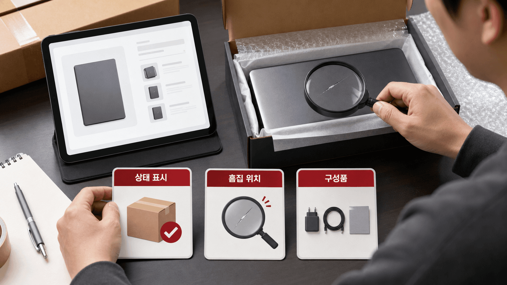 리퍼 상품 상태·흠집·구성품을 확인하는 작업 장면
