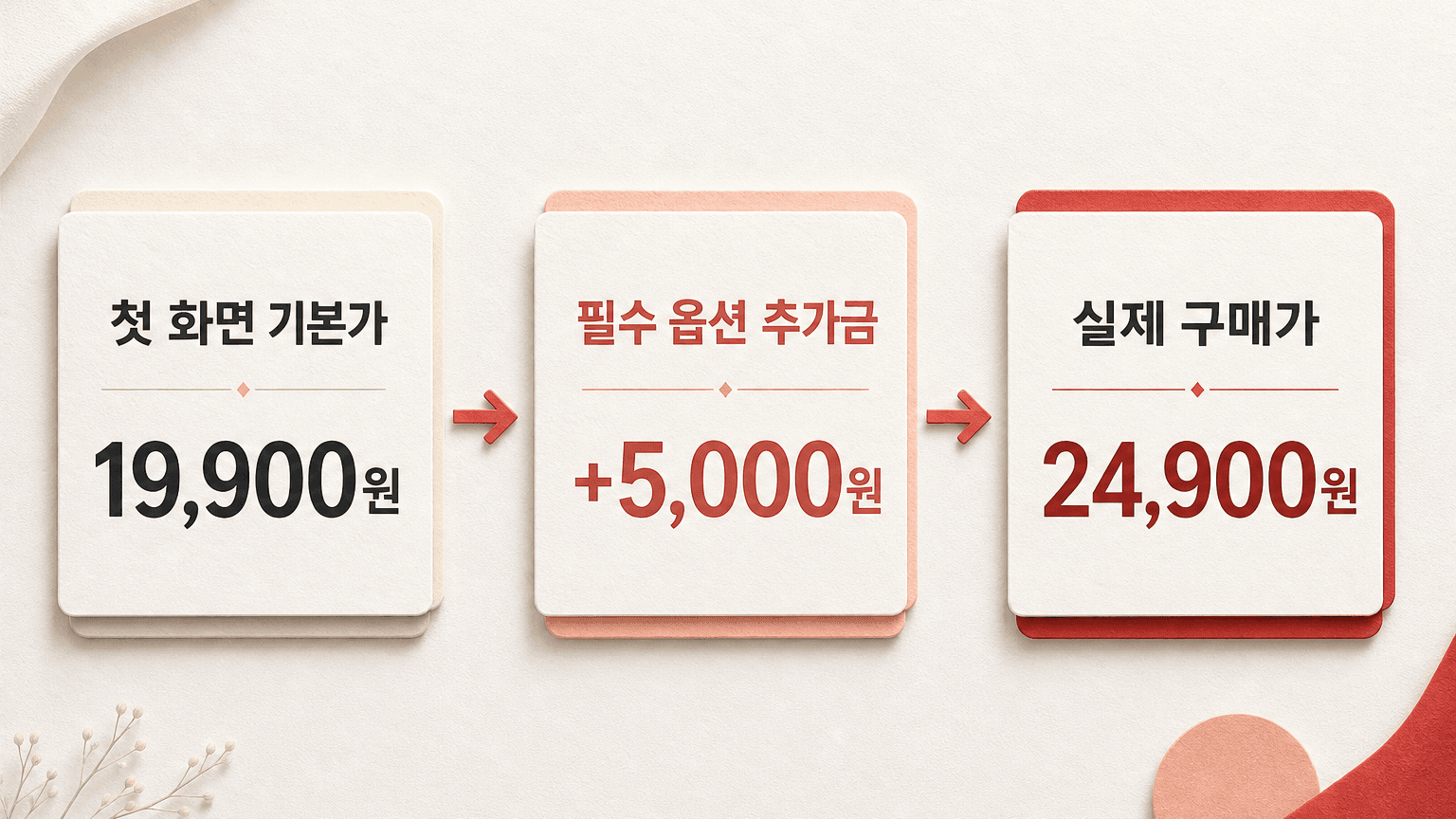 기본가, 필수 옵션 추가금, 실제 구매가의 세 칸 흐름