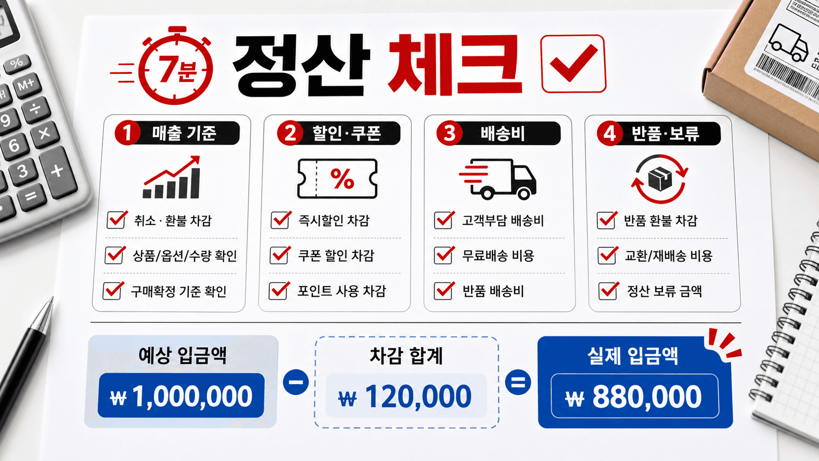배송비 지원과 반품 배송비를 정산 점검표에 나누어 적는 화면
