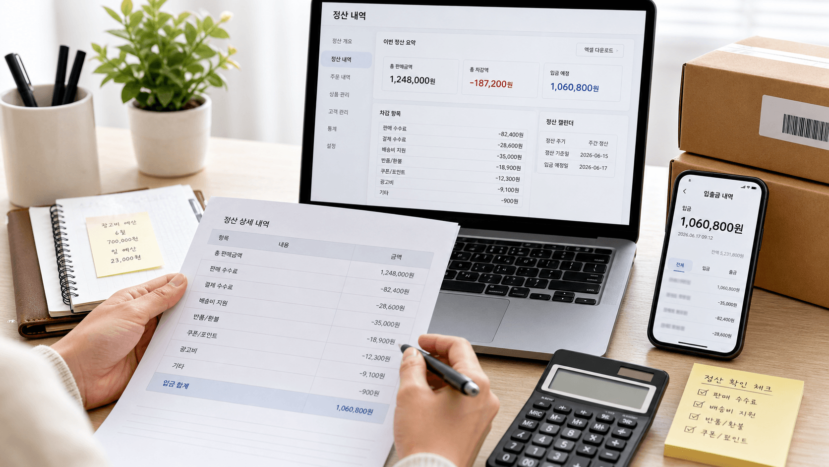 정산 상세 내역과 실제 입금액을 비교하는 셀러 업무 화면