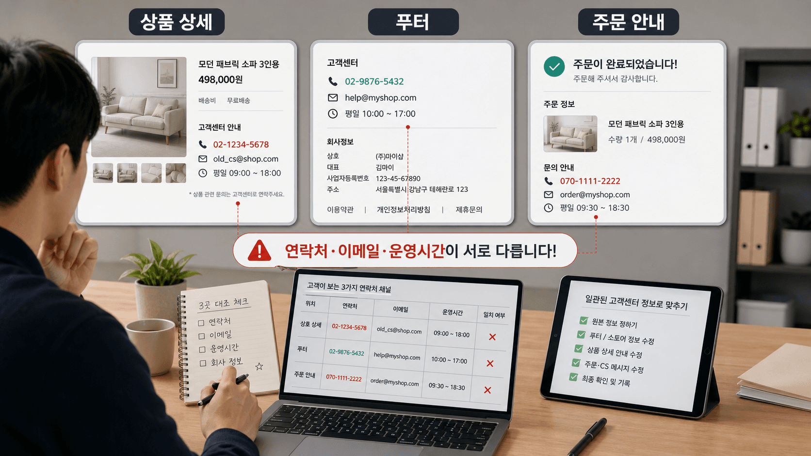 스토어 정보와 상품 상세, 주문 안내의 연락처를 대조하는 운영 상황