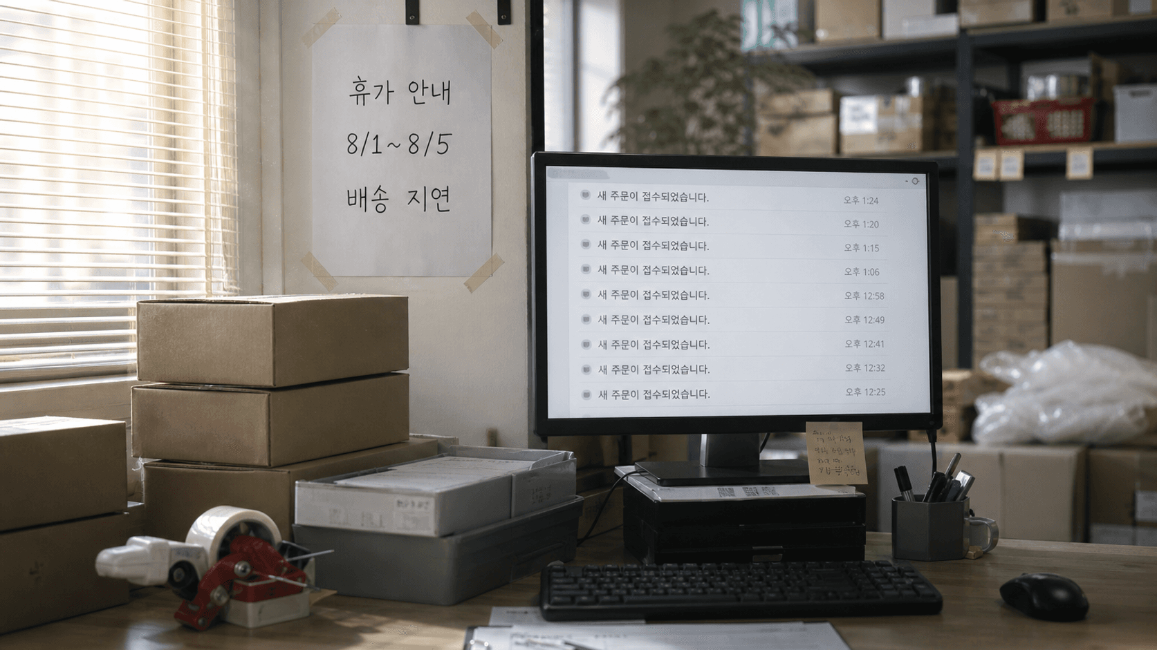 휴가 안내문은 붙어 있지만 주문 알림만 쌓이고 아무 처리가 되지 않은 셀러의 발송 데스크