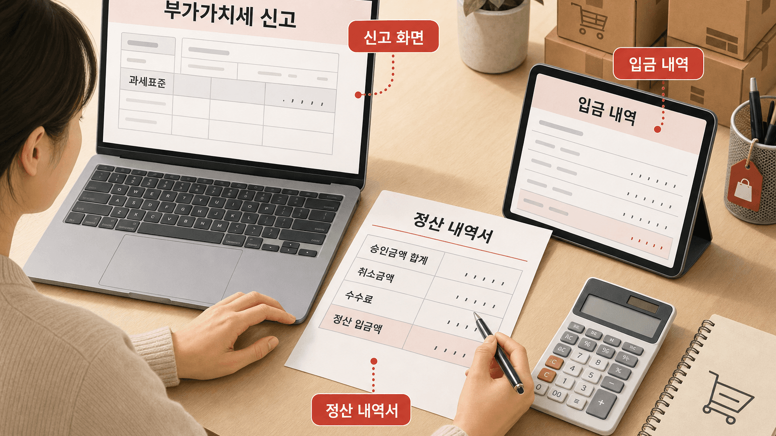 신고 화면, 정산 내역서, 입금 내역을 나란히 대조하는 판매자 책상